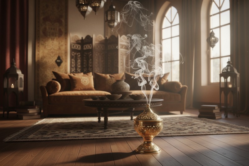 A luxurious oriental interior scene with soft natural light, a traditional bakhoor burner gently releasing fragrant smoke, warm amber and wood tones, elegant Moroccan decor, calm and refined atmosphere, cinematic lighting, ultra realistic, high detail, premium lifestyle photography, shallow depth of field, no people, timeless and modern oriental aesthetic